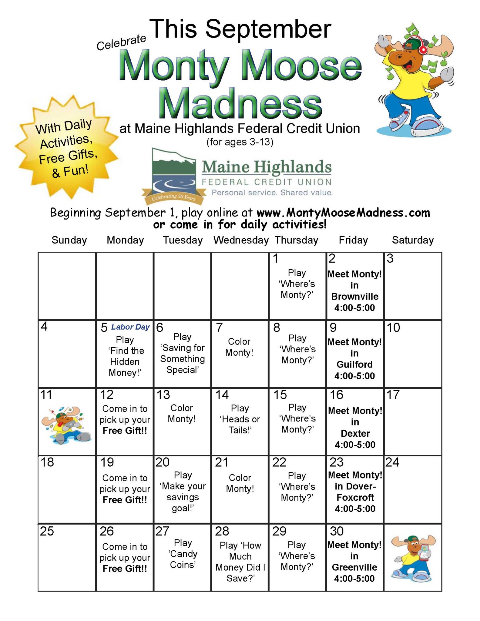 Monty Moose Madness Calendar Maine Highlands Federal Credit Union